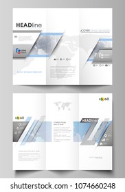 The minimalistic abstract vector illustration of the editable layout of two creative tri-fold brochure covers design business templates. Technology concept. Molecule structure, connecting background.