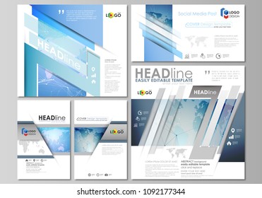 The minimalistic abstract vector illustration of the editable layout of modern social media post design templates in popular formats. World map on blue, geometric technology design, polygonal texture.