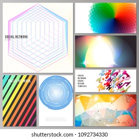 The minimalistic abstract vector illustration of the editable layouts of modern social network mockups in popular formats. Abstract colorful geometric backgrounds in minimalistic design to choose from