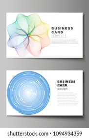 The minimalistic abstract vector illustration of the editable layout of two creative business cards design templates. Abstract colorful geometric backgrounds in minimalistic design to choose from