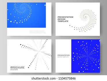 The minimalistic abstract vector illustration of the editable layout of the presentation slides design business templates. Geometric technology background. Abstract monochrome vortex trail.