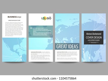 The minimalistic abstract vector illustration of editable layout of four modern vertical banners, flyers design business templates. Polygonal texture. Global connections, futuristic geometric concept