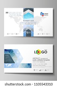 The minimalistic abstract vector illustration of the editable layout of two creative business cards design templates. World map on blue, geometric technology design, polygonal texture.