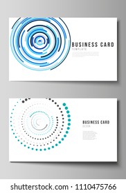 The minimalistic abstract vector illustration of the editable layout of two creative business cards design templates with simple geometric background made from dots, circles.