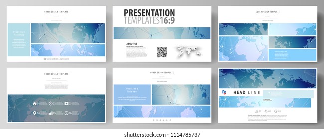 The Minimalistic Abstract Vector Illustration Of The Editable Layout Of High Definition Presentation Slides Design Business Templates. World Map On Blue, Geometric Technology Design, Polygonal Texture