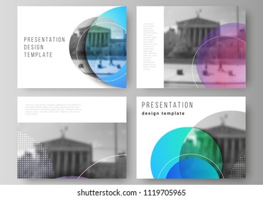 The minimalistic abstract vector illustration of the editable layout of the presentation slides design business templates. Creative modern bright background with colorful circles and round shapes.