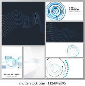 The minimalistic abstract vector illustration of the editable layouts of modern social network mockups in popular formats with simple geometric background made from dots, circles, rectangles.