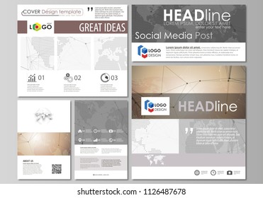 The minimalistic abstract vector illustration of the editable layout of modern social media post design templates in popular formats. Global network connections, technology background with world map.