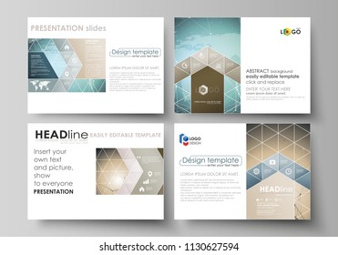 The minimalistic abstract vector illustration of the editable layout of the presentation slides design business templates. Chemistry pattern with molecule structure. Medical DNA research.