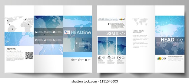 The minimalistic abstract vector illustration of editable layout of two creative tri-fold brochure covers design business templates. World map on blue, geometric technology design, polygonal texture.