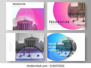 The minimalistic abstract vector illustration of the editable layout of the presentation slides design business templates. Creative modern bright background with colorful circles and round shapes.