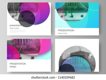The minimalistic abstract vector illustration of the editable layout of the presentation slides design business templates. Creative modern bright background with colorful circles and round shapes.