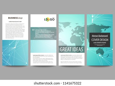 The minimalistic abstract vector illustration of editable layout of four modern vertical banners, flyers design business templates. Molecule structure, connecting lines and dots. Technology concept.