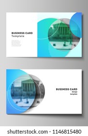The minimalistic abstract vector illustration of the editable layout of two creative business cards design templates. Creative modern bright background with colorful circles and round shapes.