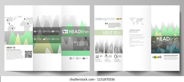 The minimalistic abstract vector illustration of the editable layout of two creative tri-fold brochure covers design business templates. Rows of colored diagram with peaks of different height