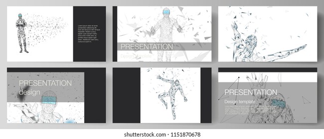 The minimalistic abstract vector illustration of the editable layout of the presentation slides design business templates. Man with glasses of virtual reality. Abstract vr, future technology concept
