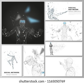 The minimalistic abstract vector illustration of the editable layouts of modern social network mockups in popular formats. Man with glasses of virtual reality. Abstract vr, future technology concept.