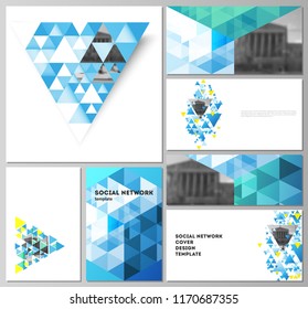 The minimalistic abstract vector illustration of the editable layouts of modern social network mockups in popular formats. Blue color polygonal background with triangles, colorful mosaic pattern.