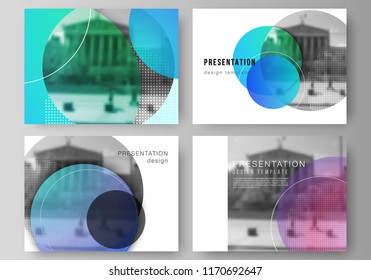 The minimalistic abstract vector illustration of the editable layout of the presentation slides design business templates. Creative modern bright background with colorful circles and round shapes.