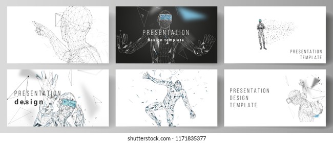 The minimalistic abstract vector illustration of the editable layout of the presentation slides design business templates. Man with glasses of virtual reality. Abstract vr, future technology concept.