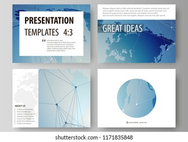 The minimalistic abstract vector illustration of the editable layout of the presentation slides design business templates. World map on blue, geometric technology design, polygonal texture.