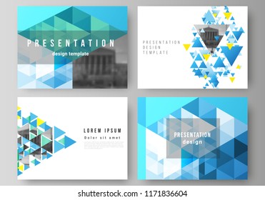 The minimalistic abstract vector illustration of the editable layout of the presentation slides design business templates. Blue color polygonal background with triangles, colorful mosaic pattern.