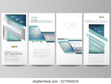 The minimalistic abstract vector illustration of the editable layout of four modern vertical banners, flyers design business templates. Chemistry pattern, connecting lines and dots. Medical concept