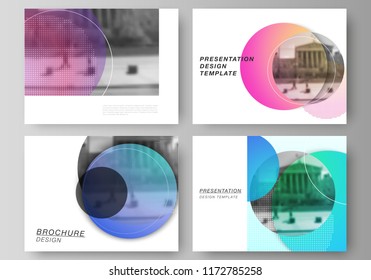 The minimalistic abstract vector illustration of the editable layout of the presentation slides design business templates. Creative modern bright background with colorful circles and round shapes.