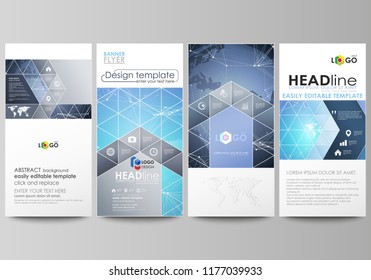 The minimalistic abstract vector illustration of the editable layout of four modern vertical banners, flyers design business templates. Abstract global design. Chemistry pattern, molecule structure