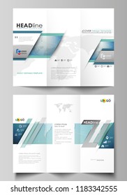 The minimalistic abstract vector illustration of the editable layout of two creative tri-fold brochure covers design business templates. Chemistry pattern, connecting lines and dots. Medical concept
