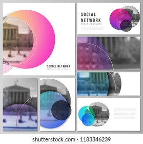 The minimalistic abstract vector illustration of the editable layouts of modern social network mockups in popular formats. Creative modern bright background with colorful circles and round shapes