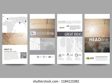 The minimalistic abstract vector illustration of the editable layout of four modern vertical banners, flyers design business templates. Global network connections, technology background with world map