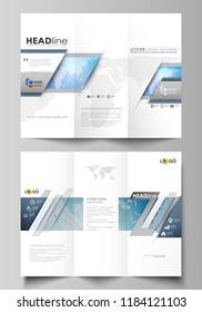 The minimalistic abstract vector illustration of editable layout of two creative tri-fold brochure covers design business templates. World map on blue, geometric technology design, polygonal texture.