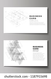 The minimalistic abstract vector illustration of editable layout of two creative business cards design templates. Polygonal background with triangles, connecting dots and lines. Connection structure.