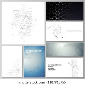 The minimalistic abstract vector illustration of the editable layouts of modern social network mockups in popular formats. Technology, science, future concept abstract futuristic backgrounds.