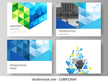 The minimalistic abstract vector illustration of the editable layout of the presentation slides design business templates. Blue color polygonal background with triangles, colorful mosaic pattern.