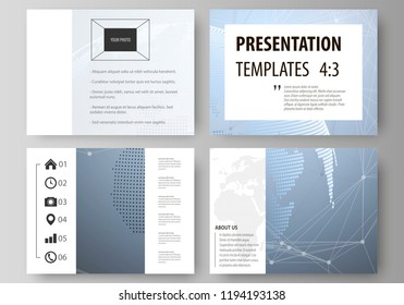 The minimalistic abstract vector illustration of the editable layout of the presentation slides design business templates. World globe on blue. Global network connections, lines and dots.