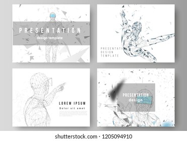 The minimalistic abstract vector illustration of the editable layout of the presentation slides design business templates. Man with glasses of virtual reality. Abstract vr, future technology concept.