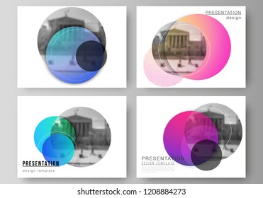 The minimalistic abstract vector illustration of the editable layout of the presentation slides design business templates. Creative modern bright background with colorful circles and round shapes.