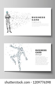 The minimalistic abstract vector illustration of the editable layout of two creative business cards design templates. Man with glasses of virtual reality. Abstract vr, future technology concept.