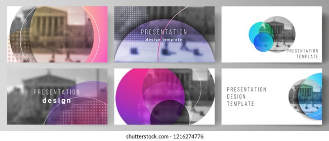 The minimalistic abstract vector illustration of the editable layout of the presentation slides design business templates. Creative modern bright background with colorful circles and round shapes.