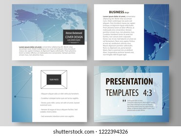 The minimalistic abstract vector illustration of the editable layout of the presentation slides design business templates. World map on blue, geometric technology design, polygonal texture.