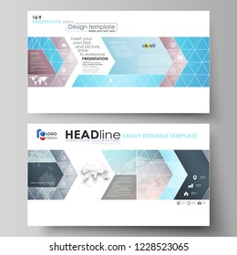 The minimalistic abstract vector illustration of the editable layout of high definition presentation slides design business templates. Molecule structure. Science, technology concept. Polygonal design