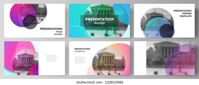 The minimalistic abstract vector illustration of the editable layout of the presentation slides design business templates. Creative modern bright background with colorful circles and round shapes.