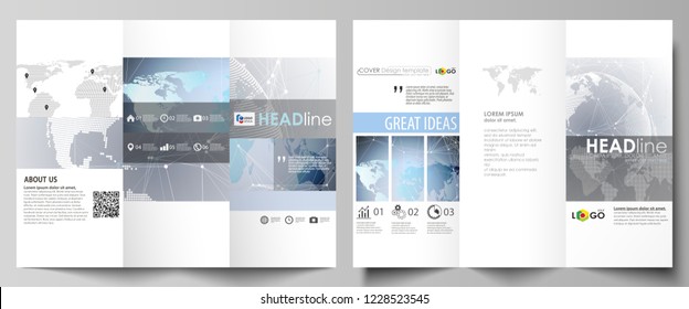 The minimalistic abstract vector illustration of the editable layout of two creative tri-fold brochure covers design business templates. Technology concept. Molecule structure, connecting background.