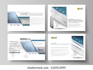 The minimalistic abstract vector illustration of the editable layout of the presentation slides design business templates. World globe on blue. Global network connections, lines and dots.