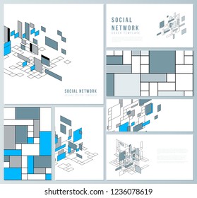 The minimalistic abstract vector illustration of the editable layouts of modern social network mockups in popular formats. Abstract polygonal background, colorful mosaic pattern, retro bauhaus de