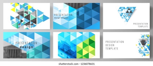 The minimalistic abstract vector illustration of the editable layout of the presentation slides design business templates. Blue color polygonal background with triangles, colorful mosaic pattern.