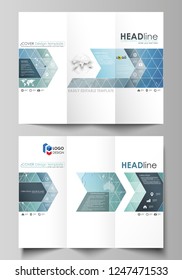 The minimalistic abstract vector illustration of the editable layout of two creative tri-fold brochure covers design business templates. Chemistry pattern, connecting lines and dots. Medical concept.