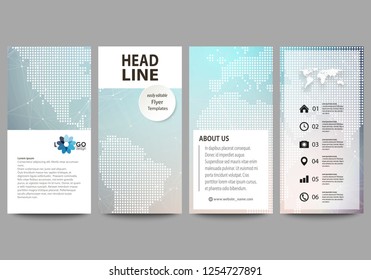 The minimalistic abstract vector illustration of editable layout of four modern vertical banners, flyers design business templates. Polygonal geometric linear texture. Global network, dig data concept